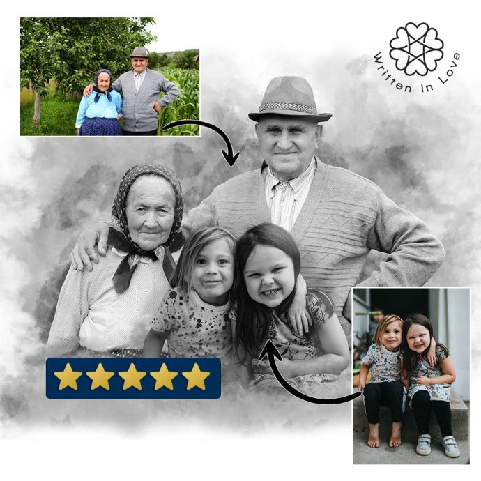 Cover image for add deceased loved one to photo. A black and white photo of grandparents with their grandchildren. Two photos with arrows show the original photos that have been merged. 5 stars appear on the image.
